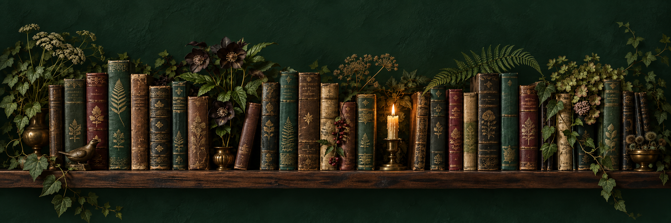 Старинная книжная полка с ботаническими элементами и свечой